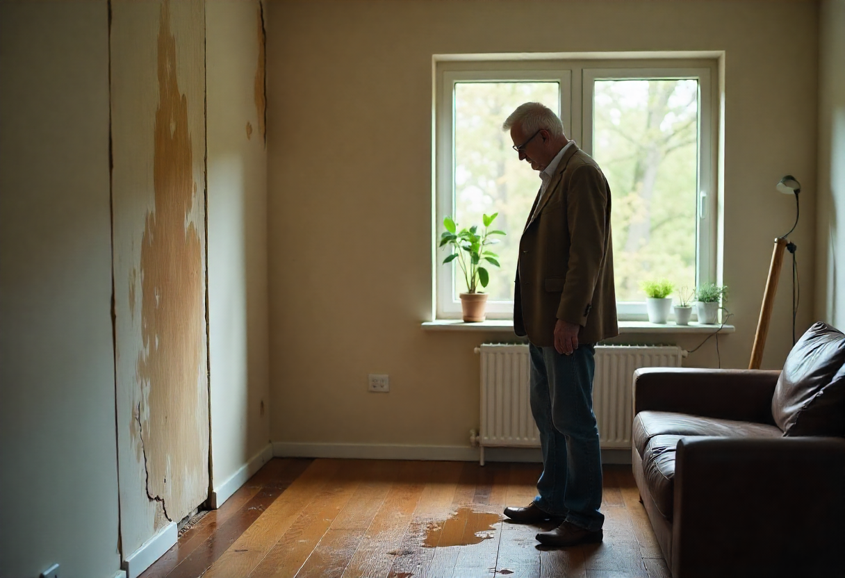 Zaniepokojony mężczyzna w łazience z przeciekającą rurą pod prysznicem, mokra podłoga i uszkodzone wyposażenie