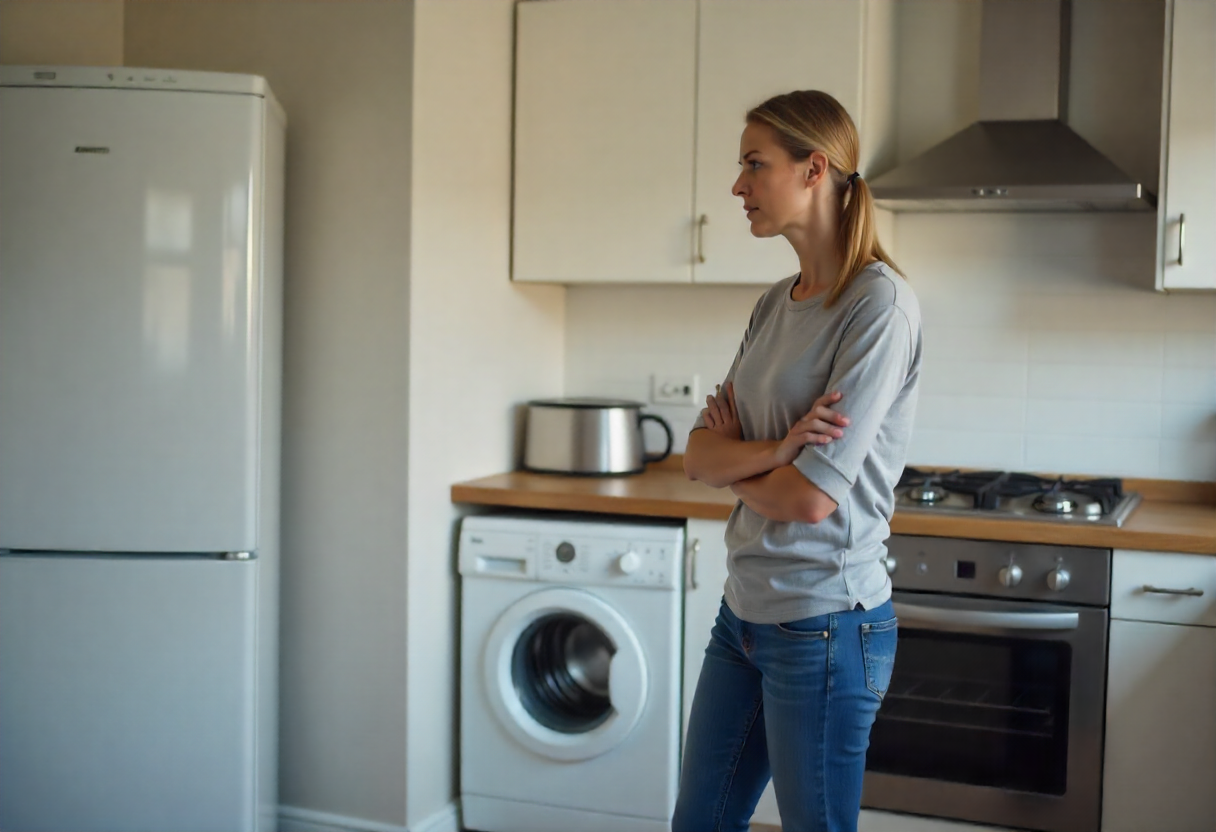 Zmartwiona kobieta w kuchni z uszkodzonym sprzętem AGD po przepięciu prądu