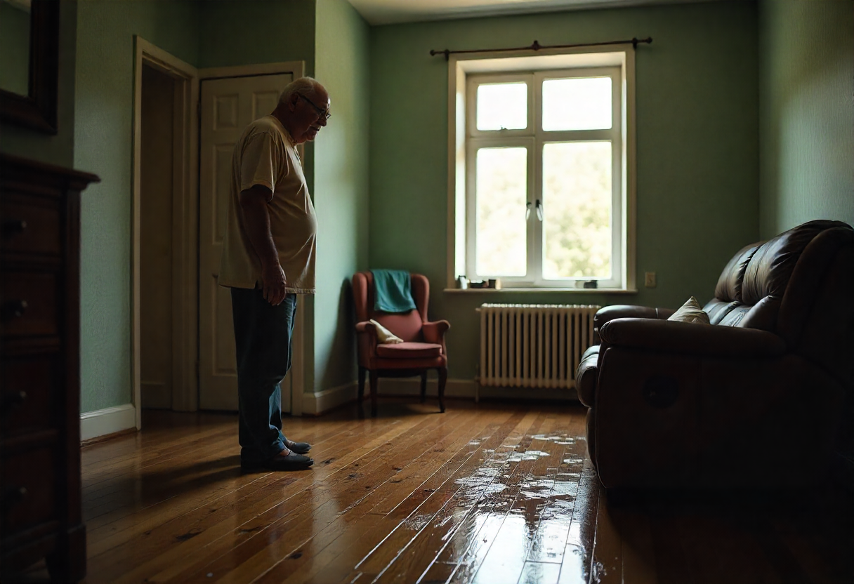 Starszy mężczyzna trzymający czek na 3000 zł, stojący w zalanym mieszkaniu, niezadowolony wyraz twarzy