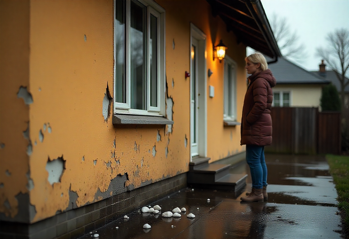 Kobieta stojąca przed domem z uszkodzoną elewacją po gradobiciu, ślady gradu widoczne na ścianie
